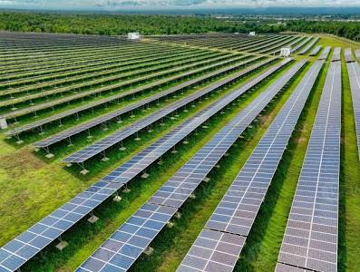 Aerial view of solar farm. Sustainable renewable energy and ...