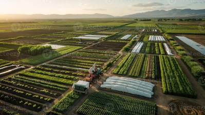Aerial view of agriculture farm landscape with crops and tractor for ...