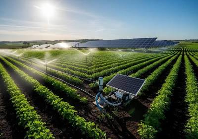 Aerial View of a Solarpowered Irrigation System Watering Crops in a ...